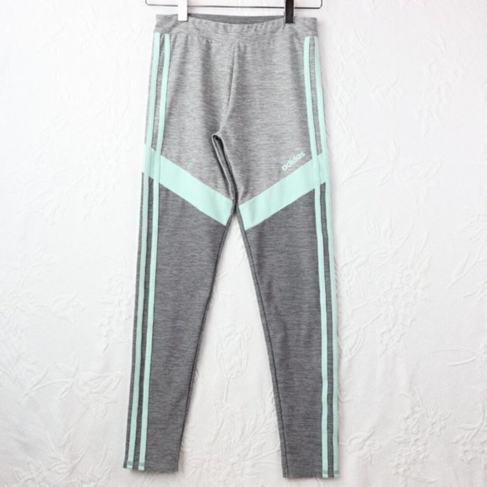 Adidas Leggings Girls L 14 Gray Pastel Green Three Stripe Logo Sports Large